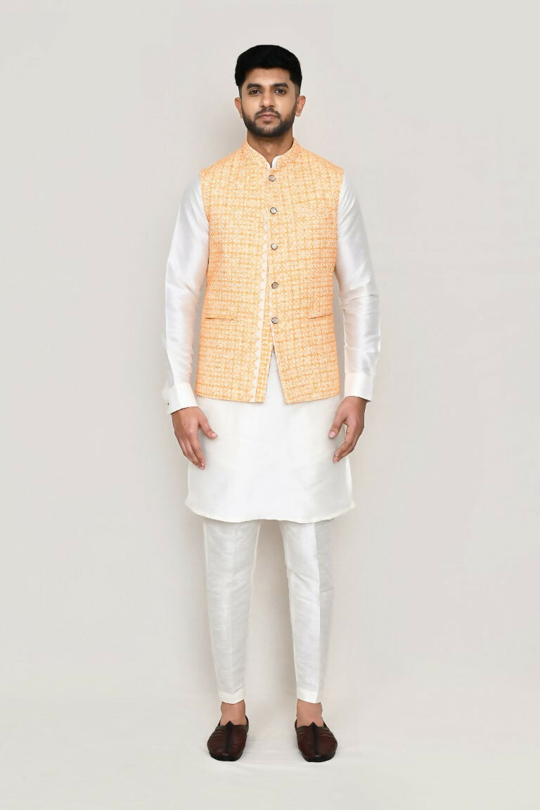 Joban Fashion White Colored Art Silk Fabric Kurta, Jacket With Straight Fit Pant