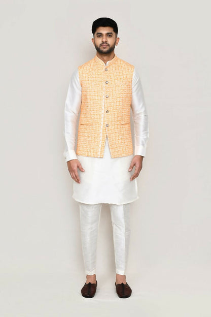 Joban Fashion White Colored Art Silk Fabric Kurta, Jacket With Straight Fit Pant