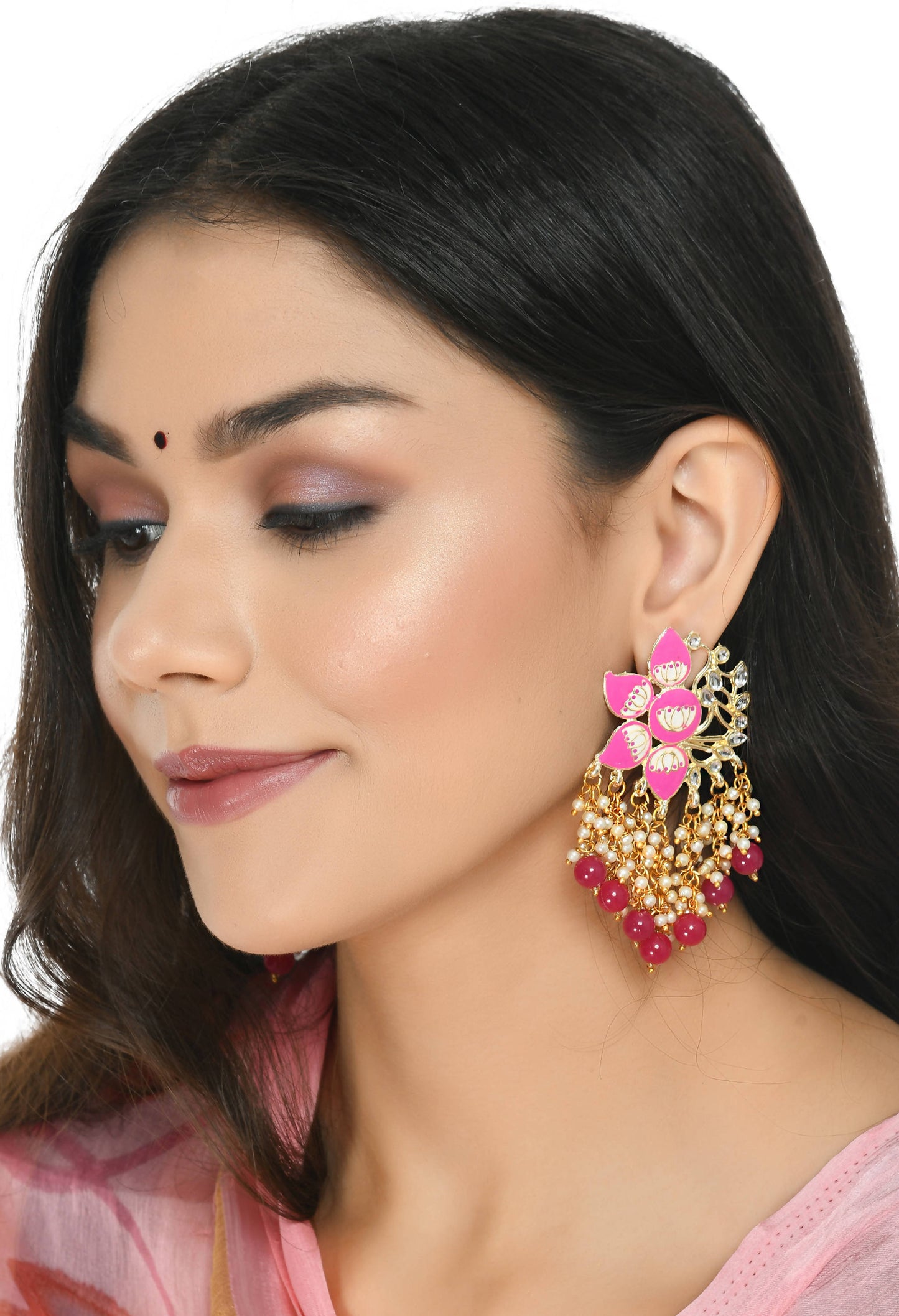Mominos Fashion Johar Kamal Gold-Polished Kundan Pink Meenakari Earrings