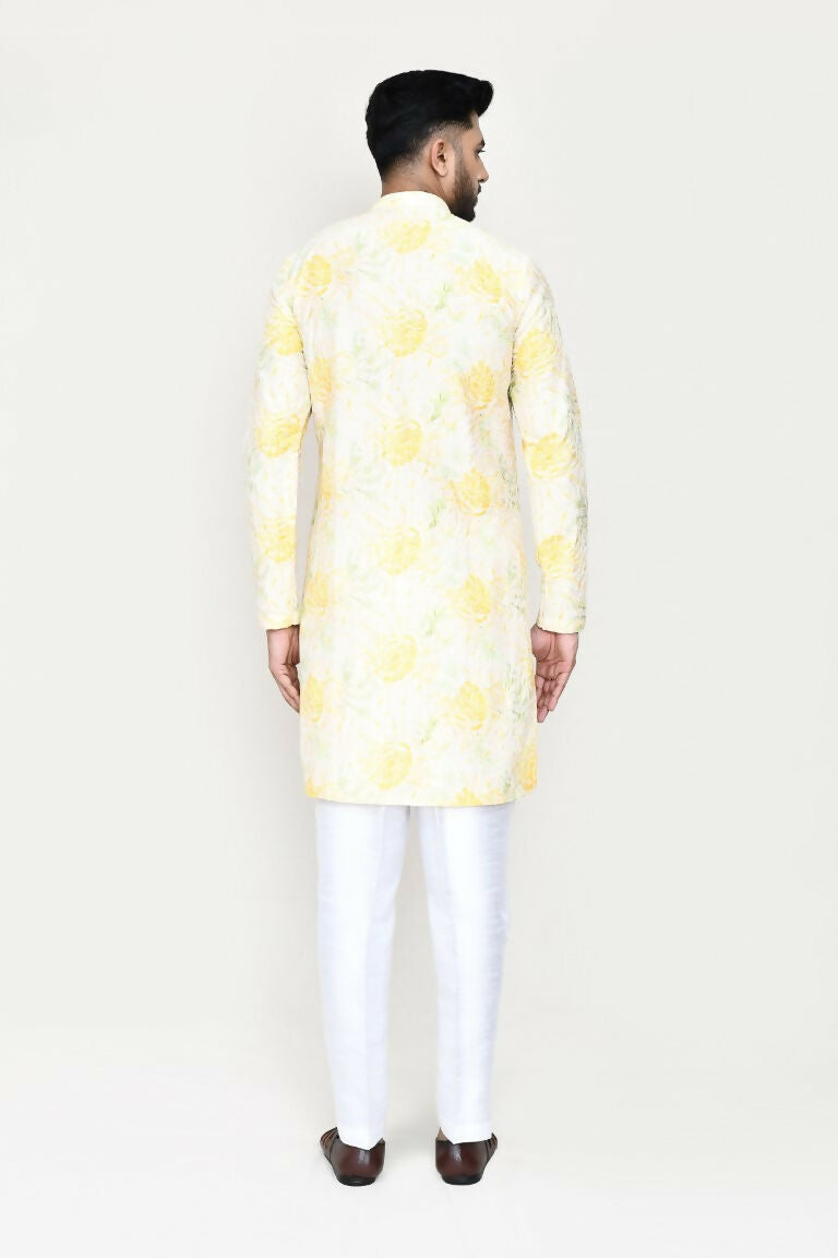 Joban Fashion Yellow Colored Rayon Based With Digital Print Fabric Kurta With Straight Fit Pant