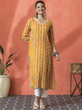 Sangria Floral Printed V-Neck Mirror Work Straight Kurta