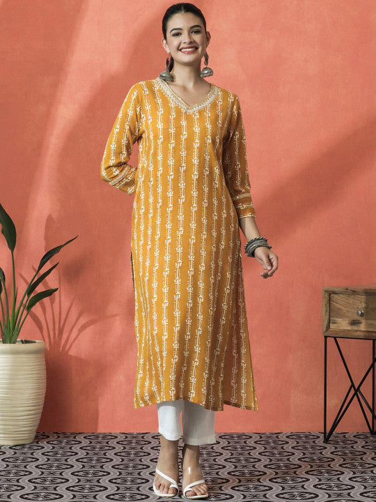 Sangria Floral Printed V-Neck Mirror Work Straight Kurta