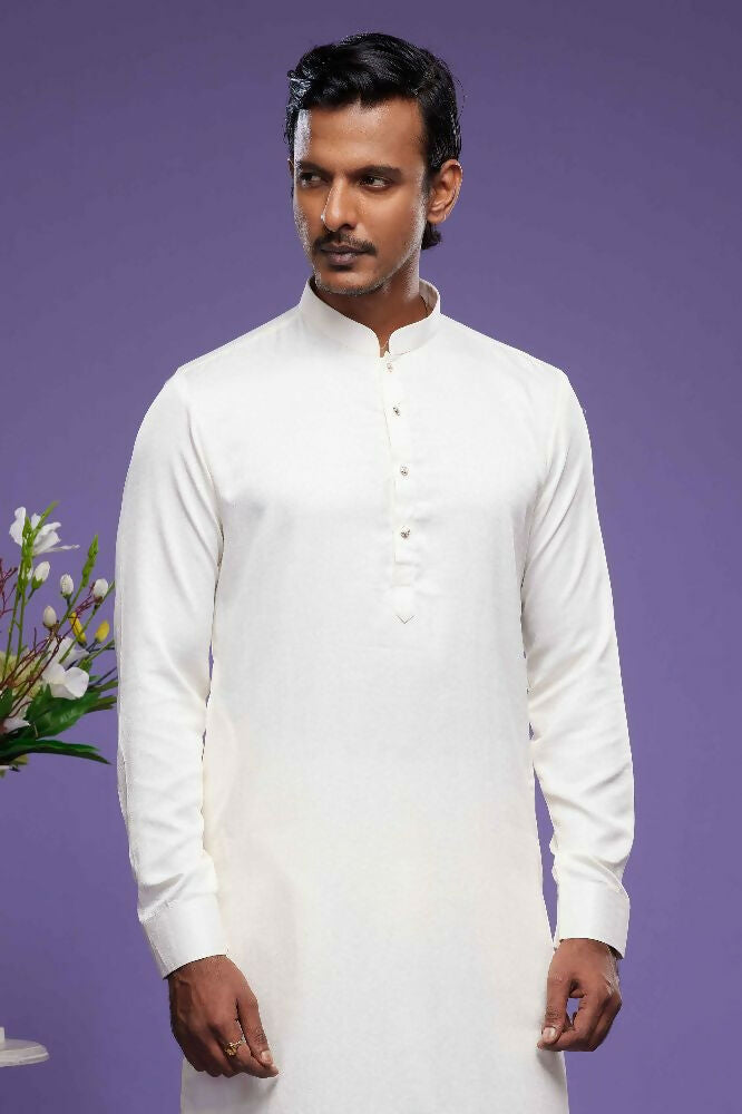 Raivat Ethnic Art Banarasi Silk Thread Work Kurta Pajama In Cream Colour