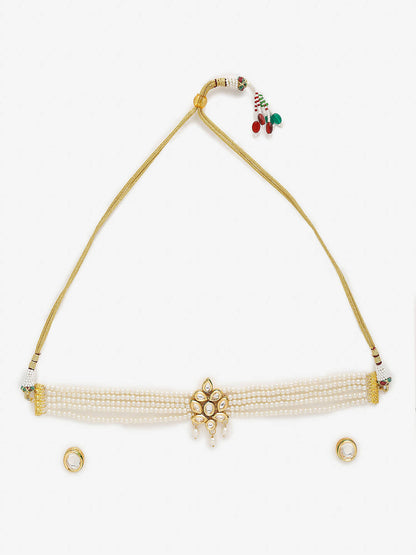 Gold-Polished White Pearl Kundan Choker With Studs - Ruby Raang