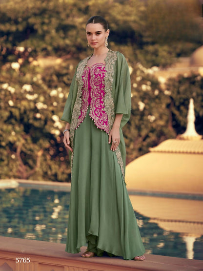 Anaita Mehendi Chinon Readymade Shrug Suit with Heavy Embroidery Work
