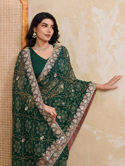 Teeya Creation New Trendy Leheriya Bandhani Georgette Saree For Daily Wear -Green