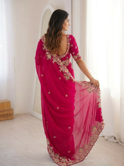 Teeya Creation New Womens Latest Party Wear Soft Chiffon Silk Saree-Red