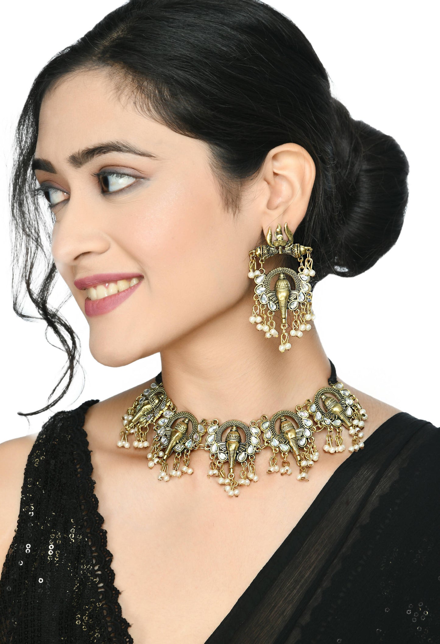 Mominos Fashion Johar Kamal Oxidised Gold-Polished Ganesha Design Necklace Choker Set