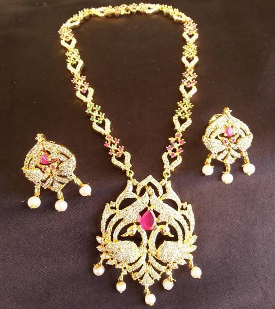 Red Beaded AD Peacock Bridal Necklace Set