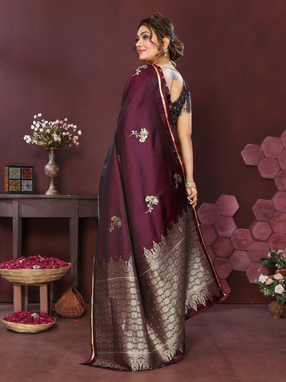 Joban Fashion Wine Floral Banarasi Silk Sarees