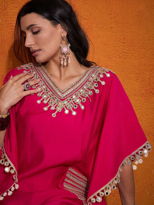 Sangria Embroidered V-Neck Mirror work Kaftan With Trousers