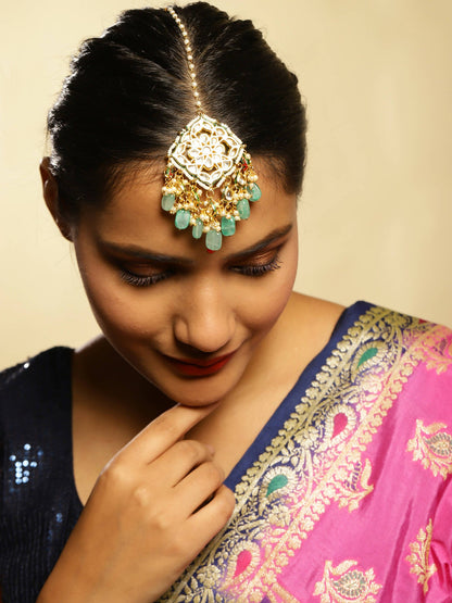 White Blue Gold-Polished Kundan-Studded Beaded Maang Tikka - Ruby Raang