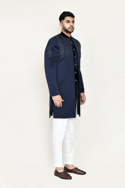 Joban Fashion Blue Colored Velvet Fabric Open Jacket, Indo Western With Straight Fit Pant