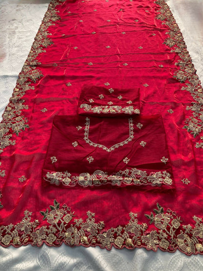 Teeya Creation New Womens Latest Party Wear Soft Chiffon Silk Saree-Red