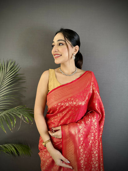 Joban Fashion Red Floral & Paisley Motifs Soft Satin Silk Banarasi Saree