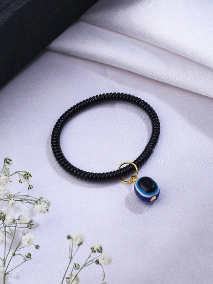 NVR Women & Men Black Evil Eye Spring Ring Rakhi With Roli Chawal