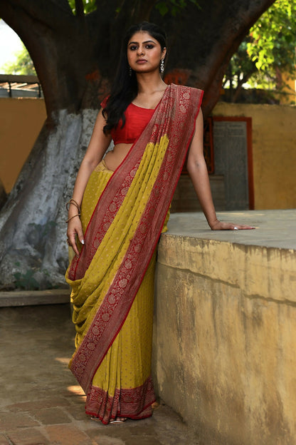 Joban Fashion Yellow Crepe Chiffon Pure Handloom Banarasi Silk Saree