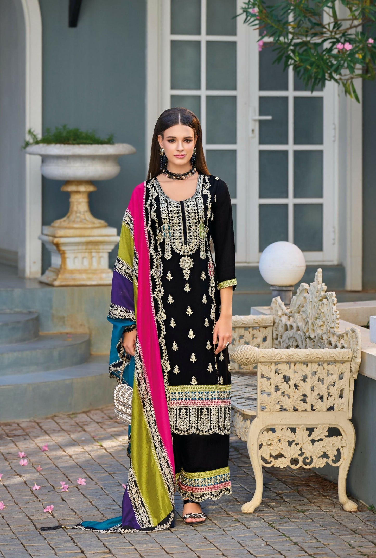 Anaita Black Premium Embroidered Chinon Stitched Salwar Suit