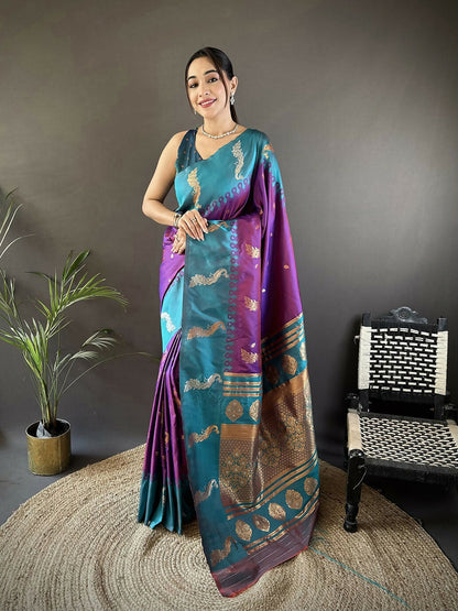 Joban Fashion Teal Peacock,Butti Banarasi Silk Sarees