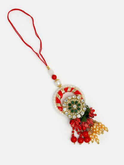 NVR Women & Men Set of 2 Red & Gold Toned Stone-Studded & Beaded Bhaiya Bhabhi Rakhi With Roli Chawal & Chocolate