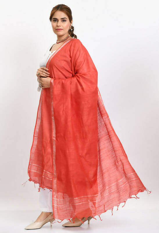 Mominos Fashion Moeza Women's Linen Cotton Silver Border Red Dupatta