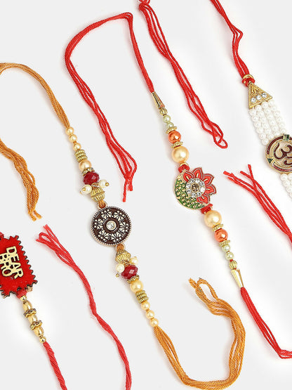 NVR Men Set of 4 Gold-Toned Stone-Studded & Beaded Rakhi With Roli Chawal