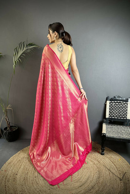 Joban Fashion Rani Pink Paisley & Floral Soft Satin Silk Banarasi Silk Saree