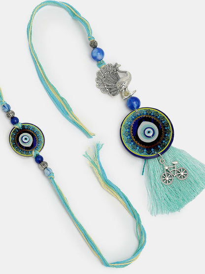 NVR Women & Men Set of 2 Blue Evil Eye & Beaded Bhaiya Bhabi Rakhi With Roli Chawal