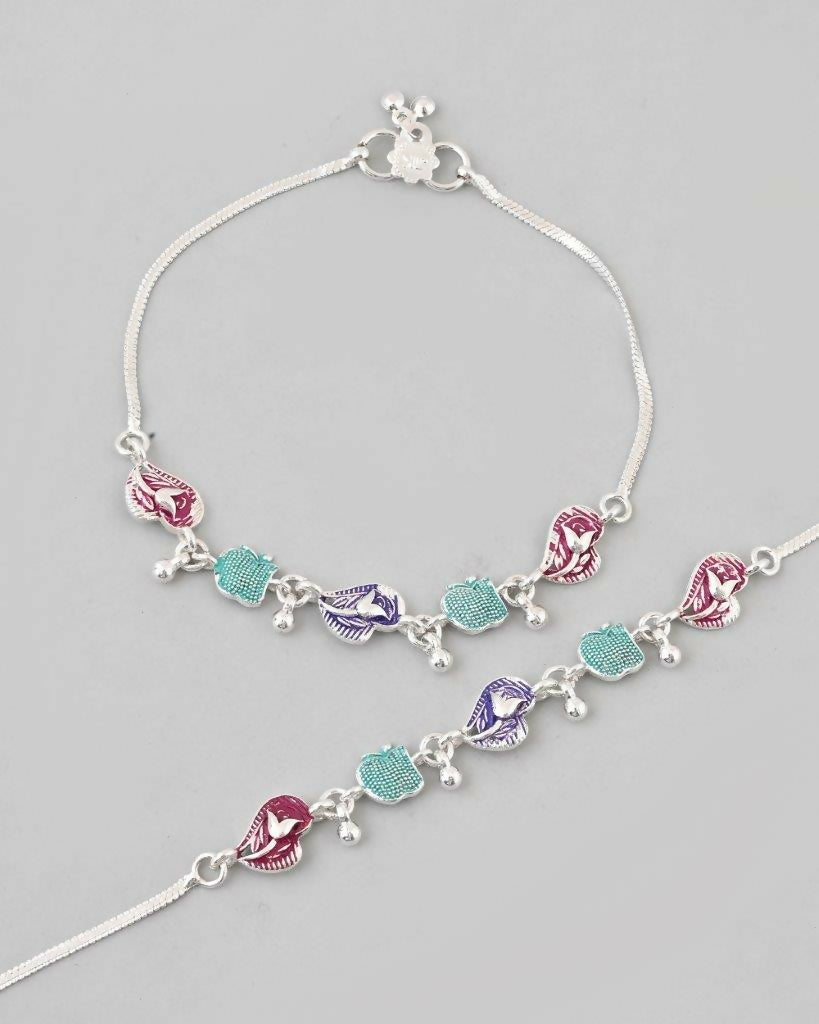 VOJ Set of 2 Silver Plated Designer Multi Color Anklet