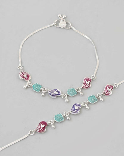 VOJ Set of 2 Silver Plated Designer Multi Color Anklet