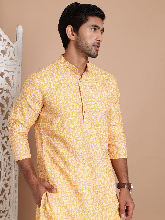 Anouk Men Floral Printed Sequinned Floral Kurta Yellow