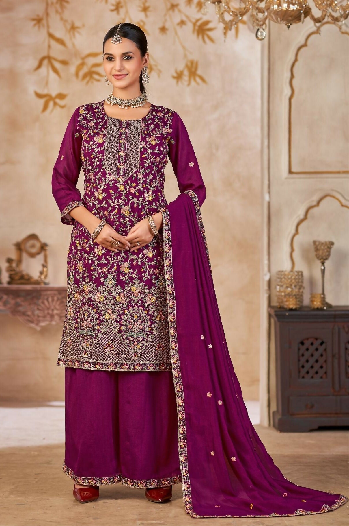 Anaita Purple Vichitra Silk Readymade Palazzo Suit with Embroidery & Lace Work