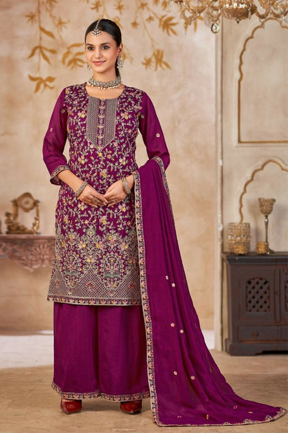 Anaita Purple Vichitra Silk Readymade Palazzo Suit with Embroidery & Lace Work