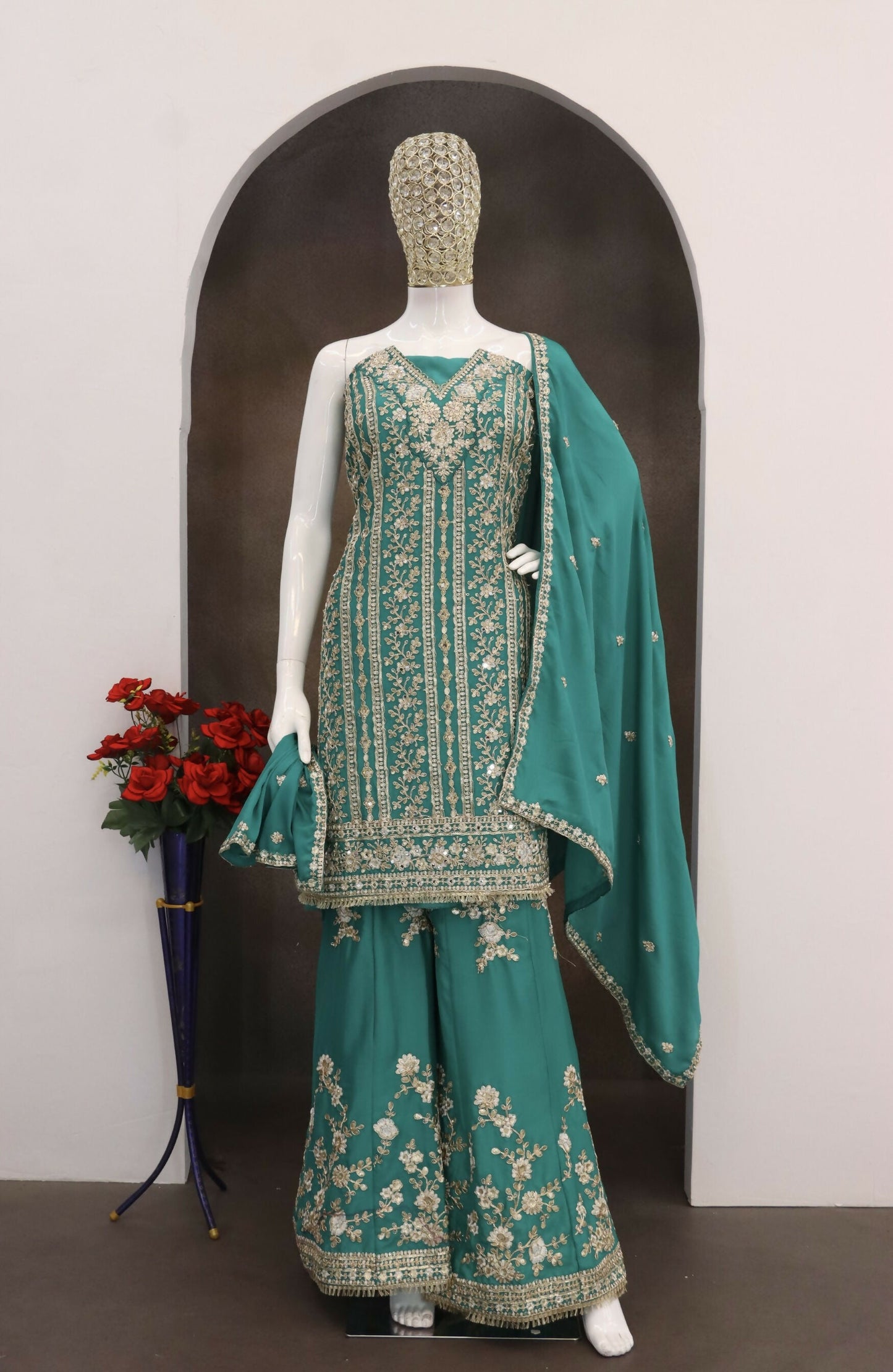 Anaita Turquoise Chinon Stitched Suit with Embroidery Codding Sequence Work