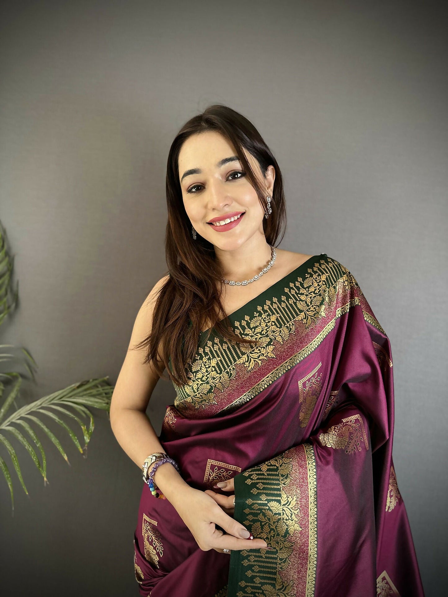 Joban Fashion Maroon Banarasi Soft Silk Peacock Butta Work Saree