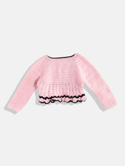 Chutput Kids Woollen Hand Knitted Full Sleeves Cardigan With Short Sleeves Flower Work Dress For Baby Girls - Pink