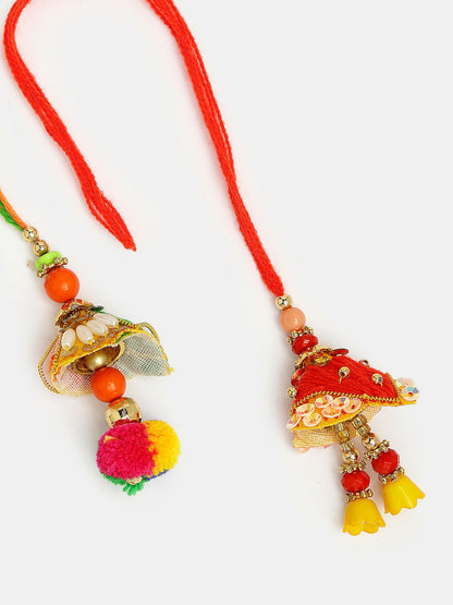 NVR Women Set of 2 Red Beaded Lumba Rakhi With Roli Chawal & Chocolate
