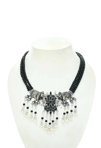Mominos Fashion Johar Kamal Silver-Plated Brass Finish Elephant Desgin Choker For Women (Black)