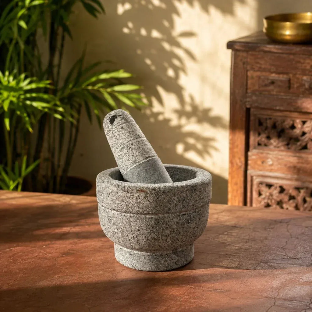 Zishta Granite Mortar and Pestle Round Traditional Stone