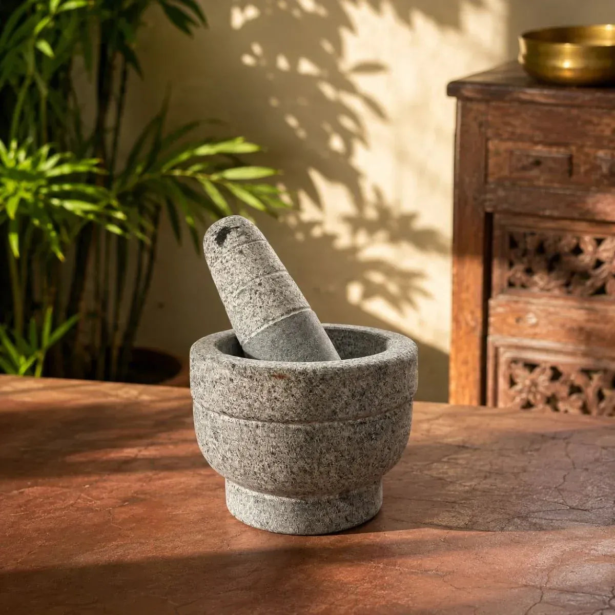 Zishta Granite Mortar and Pestle Round Traditional Stone