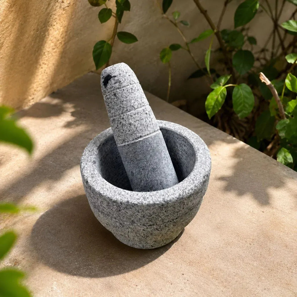 Zishta Granite Mortar and Pestle Round Traditional Stone