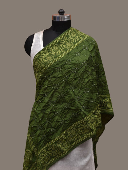 Green Bandhani Silk Handloom Stole with Mango Design - Global Threads