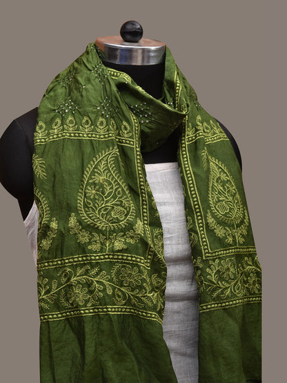 Green Bandhani Silk Handloom Stole with Mango Design - Global Threads