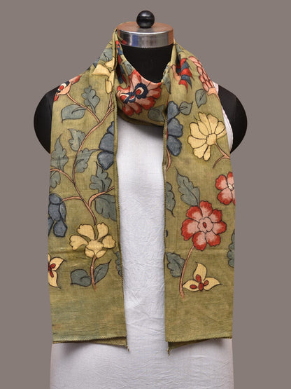Green Kalamkari Hand Painted Cotton Stole with Floral Design - Global Threads