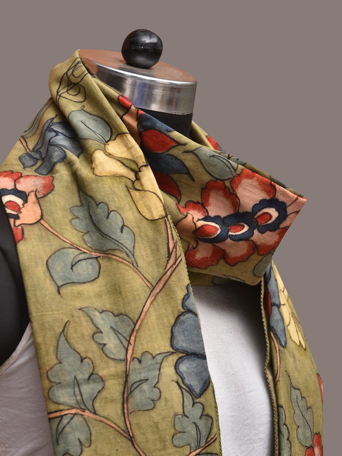 Green Kalamkari Hand Painted Cotton Stole with Floral Design - Global Threads