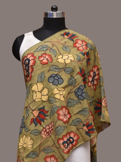 Green Kalamkari Hand Painted Cotton Stole with Floral Design - Global Threads