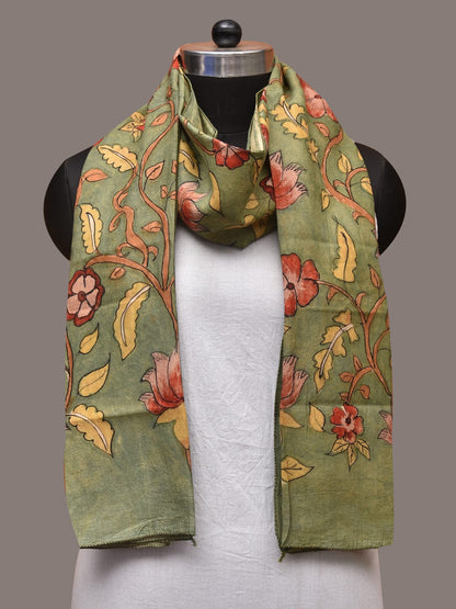 Green Kalamkari Hand Painted Sico Stole with Floral Design - Global Threads