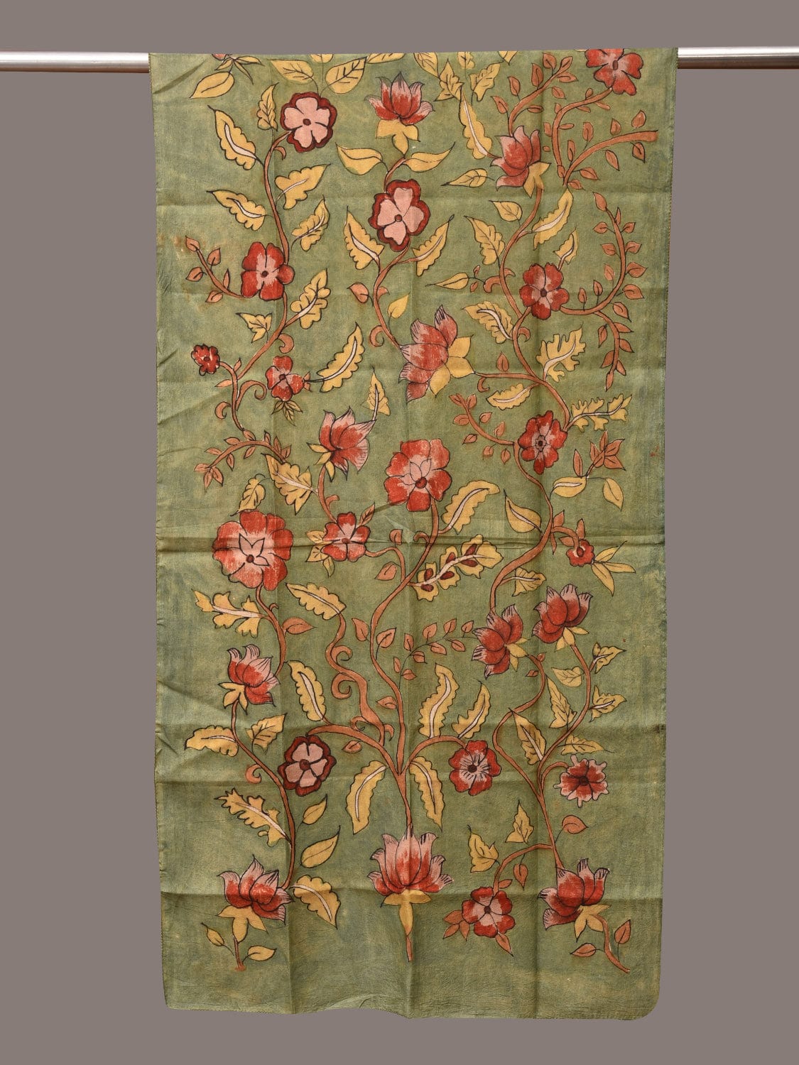 Green Kalamkari Hand Painted Sico Stole with Floral Design - Global Threads