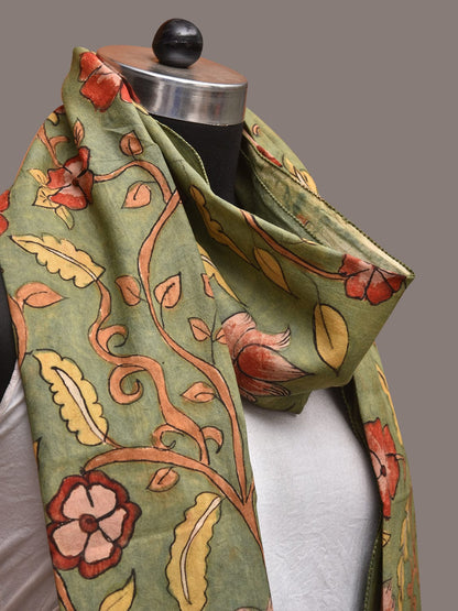 Green Kalamkari Hand Painted Sico Stole with Floral Design - Global Threads
