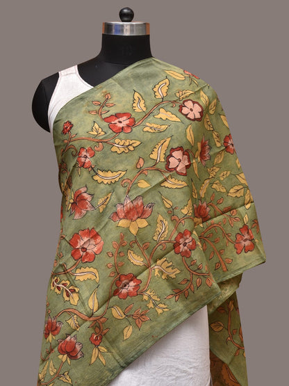 Green Kalamkari Hand Painted Sico Stole with Floral Design - Global Threads